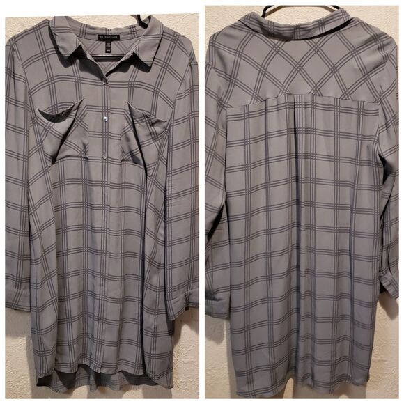 Eileen Fisher Plaid Silk Georgette Crepe ASH Shirt Dress Tunic size Medium - Picture 1 of 12